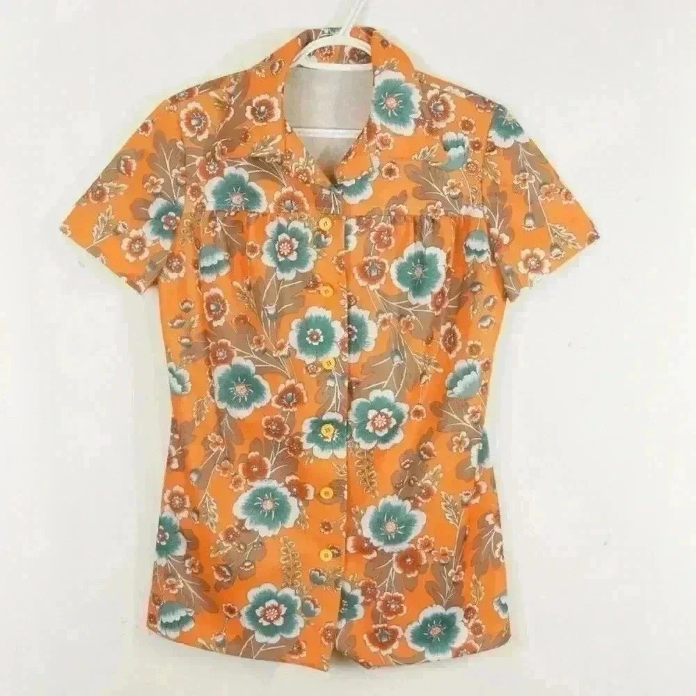 Vintage 60s Mod Orange Blue Floral Short Sleeve Button Up Blouse Top